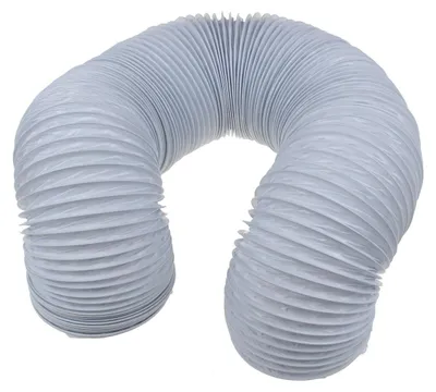 A flexible, white dryer vent hose is shown bent into a U-shape against a white background.
