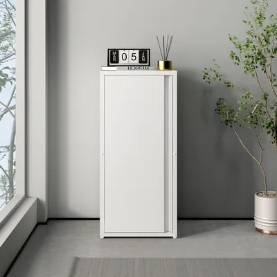 A white metal cabinet with a sliding door is shown in a room with a large window and a plant.