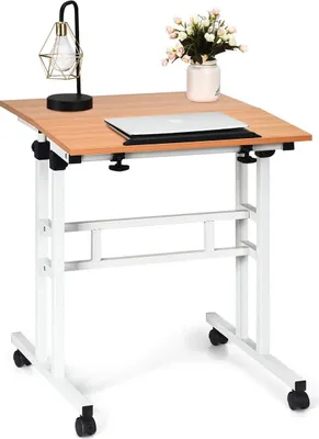 Produktbild von GOPLUS Höhenverstellbarer Schreibtisch, Stand-up mobiler Laptoptisch, Ergonomischer Computertisch mit Rollen, Große Platte, Arbeiten im Stehen oder sitzen, für Büro und Zuhause, Holzfarbe