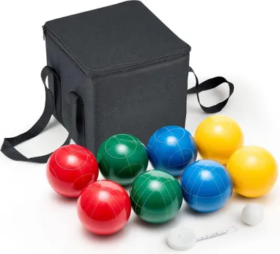 Image de Set de jeu de boules - Set de 8 boules en résine (107 mm), boules, sac de transport (noir), corde de mesure, rouge/vert/bleu/jaune - pour 2 à 8 joueurs - Idéal pour la plage, la pelouse, le jardin familial - Outdoor Boccia Set