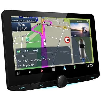 A car navigation system displaying a map and music information.