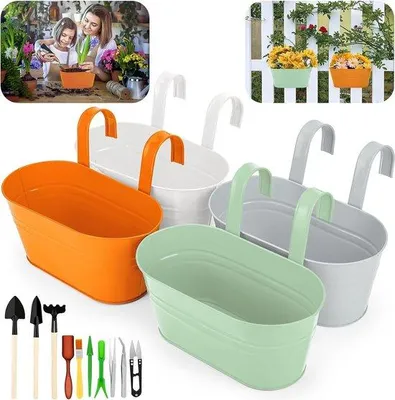 Produktbild von Famanu Metallische Hängende Blumentöpfe, 27,5 cm große Pflanzenbehälter mit abnehmbaren Haken, 4 Stück, ohne Abflussloch, für Balkon, Haus, Garten,