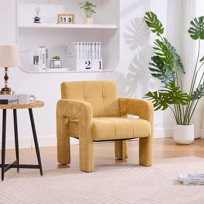 Image de MODFU Fauteuil d’appoint - Fauteuil Moderne avec Accoudoirs et Coussin Inclus - Tissu Chenille Confort Mousse, 67,5 × 69 × 74,5 cm - Jaune Moutarde
