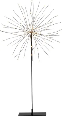 A black starburst-shaped LED light on a black stand against a white background.