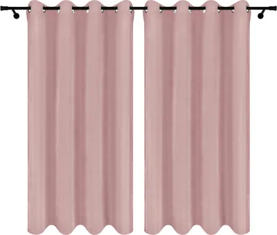 Two pink curtains hanging on a curtain rod against a white background.