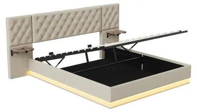 Productafbeelding van Boxspringbed - Tweepersoonsbed 140x200 cm - Beige - Opbergruimte in het hoofdeinde - 2 opbergvakken - Lattenbodem - Zonder matras