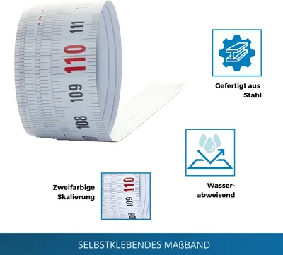 A close-up of a self-adhesive measuring tape with informational graphics and text.