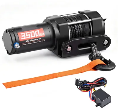 Produktbild von Elektrische Seilwinde - 12V Motorwinde/Elektrowinde - Zugkraft 1587 kg - Synthetikseil 10 m 5,3 mm - Mit Kabel-Fernbedienung - IP55 - Aluminiumgehäuse - Für ATV/UTV - Schwarz