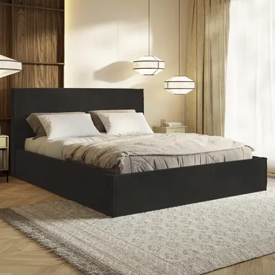 Produktbild von MOTIVENA Boho Polsterbett 140x200 mit Bettkasten, Holz Latttenrost, Bett 140x200 Schwarz Samt (Amor 22)