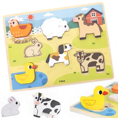 Obrázok produktu pre VIGA Drevené puzzle Montessori 2 v 1 – figúrky z farmy