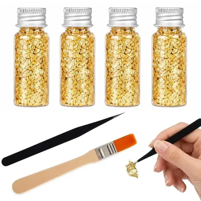 Immagine prodotto di Set di foglia d'oro, composto da 4 flaconi, pinzetta e pennello, ideale per la decorazione di torte, la pasticceria e l'artigianato