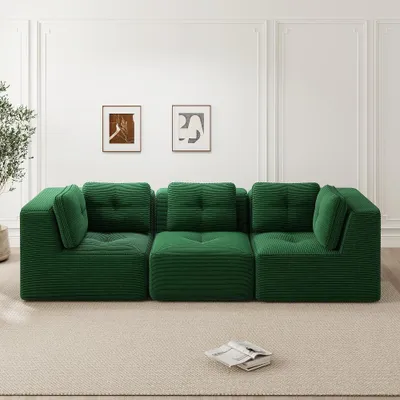 Produktbild von Rahmenloses Sektionssofa, modulares Ecksofa grün aus Cord. Dreisitzer Sofa ohne Aufbau mit 74 cm Sitztiefe, 297x104x69 cm.