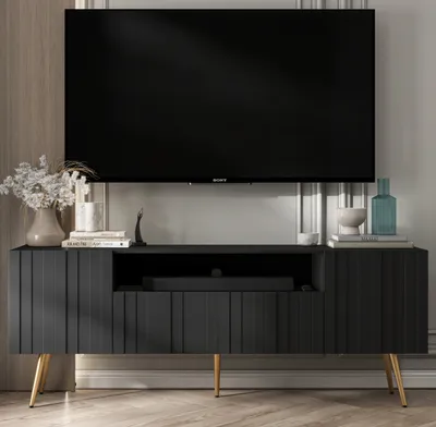 Produktbild von TV-Schrank Glamour RTV RTV-Schrank Elpis 2 - Modern - Lindner Möbel - 150cm x 60,5cm x 36,5cm, Farbe: Schwarz matt, Gold Metallbeine