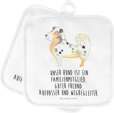 Produktbild von Mr. & Mrs. Panda Topflappen Hund Australien Shepherd - Weiß - Geschenk, Topfuntersetzer, Spruch, Set, Kochlappen, Familie, Sprüche, topfhalter, Ofenlappen