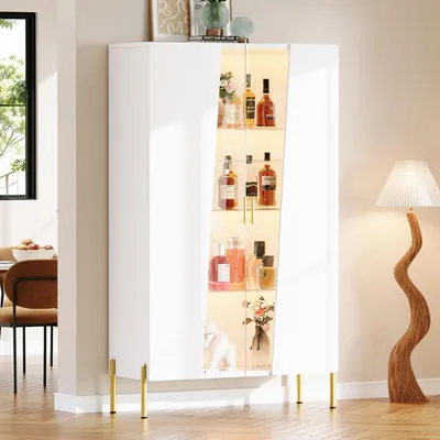 Produktbild von Weiß:Merax Glasvitrine mit LED, Vitrinenschrank mit asymmetrischer Glastür, 3 Glasböden, Soft-Close und Metallfüßen, 72 x 40 x 145 cm, Weiß