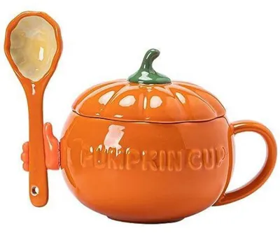 Productafbeelding van Keramische mok in de vorm van een pompoen, met deksel en lepel, 250 ml