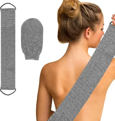 Produktbild von Duschbürste aus Bambusfasern, antibakteriell, mit Massagehandschuh, grau, für die Körperreinigung