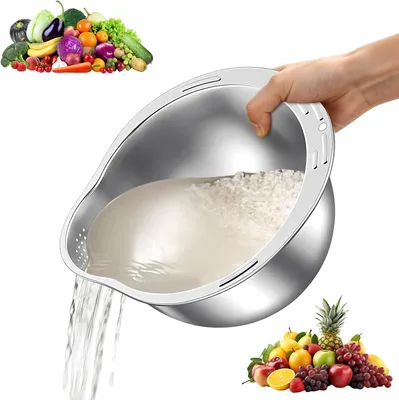 Produktbild von Reiswaschschüssel aus Edelstahl mit Ausguss, lebensmittelechtes Reis- und Nudelsieb zum Waschen und Abtropfen von Quinoa, Obst, Gemüse, Getreide und Bohnen