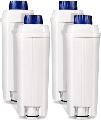 A set of five white water filters with blue tops, arranged in a diagonal line against a white background.