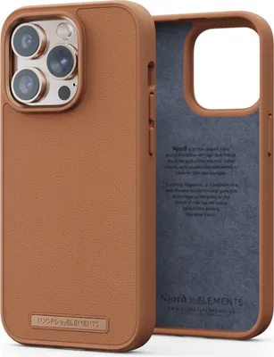Produktbild von Njord Collections Lederhandyhülle, Geeignet für iPhone 14 Pro Max, Hochwertiges Leder, 100% recycelter Kunststoff, 2 Meter Fallschutz, Mag-Kompatibel, Cognac