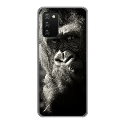 Produktbild von MuchoWow® Handyhülle Schutzhülle Hülle für Samsung Galaxy A03s Gorilla auf schwarzem Hintergrund in Schwarz und Weiß Silikon Softcase Handy Hülle - Schutz