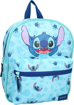 A light blue backpack with Stitch characters and paw prints.
