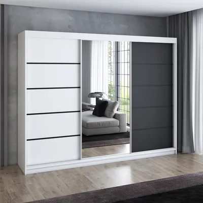 Produktbild von Schwebetürenschrank 200 cm, 3-türig, mit Spiegel & 4 Schubladen, Retro-Stil, modern, in Weiß/Schwarz/Sonoma – Kleiderschrank Velturo 2