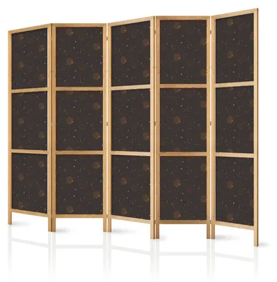 Immagine prodotto di Pannello divisorio giapponese, 5 ante, pieghevole, realizzato in tessuto non tessuto di alta qualità, motivo "Sole e Stelle", ideale per l'ufficio, dimensioni 225 cm x 172 cm