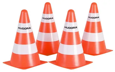 Produktbild von HUDORA Pylonen - 4 Stück - Stapelbare Verkehrskegel in Orange/Weiß - Hochwertige Verkehrshütchen - 23 cm hoch & 14 cm breit - Markierungskegel für Slalom, Radfahren, Dribbeln