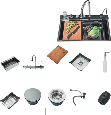 Produktbild von Küchenspüle mit Wasserfall-Armatur, Edelstahlmaterial, großes Einzelbecken-Design, 4 Tasten Grau