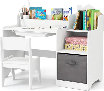 Produktbild von COSTWAY Schreibtisch Kinder, Kinderschreibtisch mit Stuhl, Schublade, Regalen & Stoffbehälter, Schülerschreibtisch Holz für Kinder ab 3+, Weiß