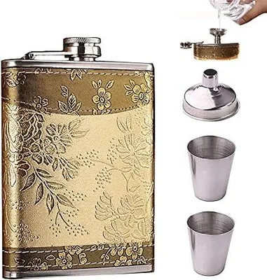 Produktbild von Flachmann für Alkohol, Edelstahl, Flachmann, 8 oz, Flachmann für Whisky, tragbar, aus Edelstahl, mit Trichter, Weinglas, Geschenkbox, für Reisen, Camping, Angeln (Gold)