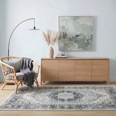 Produktbild von Teppich TRADITIONAL waschbar 160 x 230 cm Grau Beige Vintage Kurzflor rutschfest, schmutz- und wasserabweisend, strapazierfähig, pflegeleicht mit orientalischem Muster.
