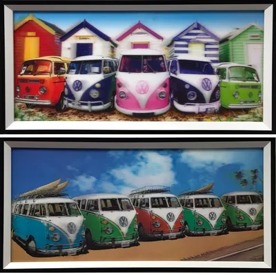 Productafbeelding van VW volkswagen retro vintage bus 3D holografisch schilderij SET van 2 stuks
