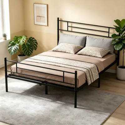 Image de Lit en métal 140 x 200 cm, cadre noir, lit double robuste avec sommier à lattes, capacité de charge jusqu'à 360 kg, espace de rangement de 26 cm sous le lit, design industriel