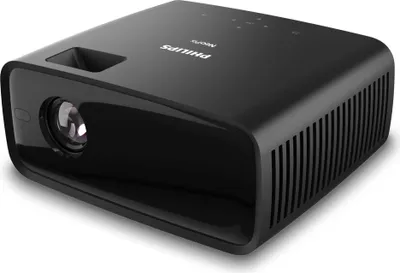 A black Philips NeoPix projector is shown from a diagonal angle on a white background.