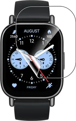 A smartwatch screen protector is shown applied to a smartwatch.