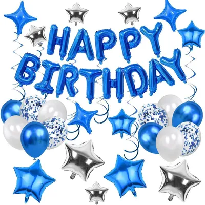 Image de Kit de décoration pour anniversaire, couleur bleue : guirlande "Joyeux anniversaire", ballons, rubans de décoration