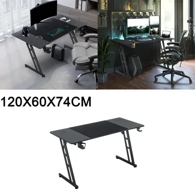 Zdjęcie produktu dla Stół gamingowy LZQ, 120x60 cm, wyposażony w uchwyt na słuchawki, podstawkę na napoje i otwór na kable
