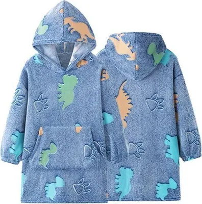 Blauer übergroßer Kapuzen-Bademantel-Decke mit Vordertasche und bunten Dinosaurier- und Pfotenabdruck-Mustern