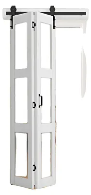Obrázok produktu pre Skladacie posuvné dvere VEVOR v štýle stodolových dverí, rozmery 914 x 2134 mm, skladacie dvere z MDF a tvrdeného skla, vrátane sady kovaní, priestorovo úsporný dizajn, predmontované panely, vhodné do spálne alebo obývacej izby, biela farba
