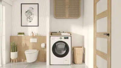 Image de Meuble de rangement en chêne pour machine à laver, avec tablette coulissante