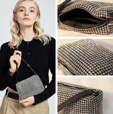 Image de Pochette de soirée clutch sac à main sous le bras avec strass et chaîne amovible pour femme,Argent