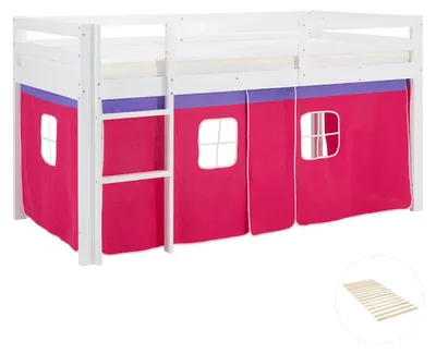 Produktbild von Homestyle4u Hochbett 90x200 Kinder mit Lattenrost Vorhang Rosa Pink Mädchen Kinderbett Weiß Holz Kiefer Jugendbett Spielbett mit Rausfallschutz