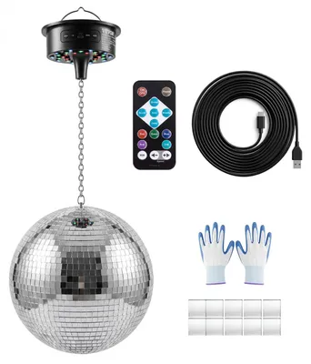Image de VEVOR Boule à facettes réfléchissantes, boule disco, diamètre 300 mm, avec moteur, télécommande, LED, pour fêtes, décoration intérieure, scènes, DJ et clubs de danse. RGB plus 3 couleurs mélangées. Vitesse : 0/3/6/9/12/15 tours par minute. Alimentation par USB et par batterie