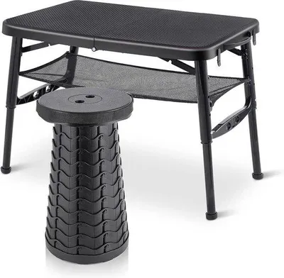 Produktbild von Famanu Klapptisch mit Hocker - leicht und faltbar, ideal für Camping (schwarz)