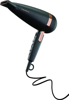 A black hairdryer with rose gold accents is shown against a white background.