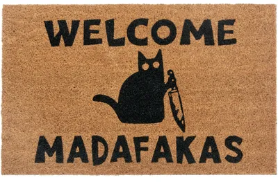 A doormat with a black cat holding a knife and the words "WELCOME MADAFAKAS" printed on it.