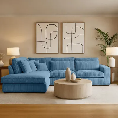 Produktbild von BEAUTYSOFA | Designer - Ecksofa PARMA, L-Form Eckcouch mit Ottomane links, Modernes Sofa Velours Soft Touch in Blau mit Kissen