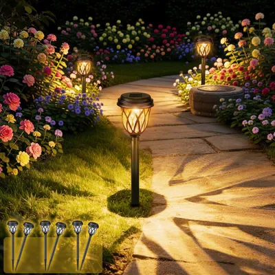 Image de Éclairage solaire d'extérieur pour jardin, sur poteau, lot de 6 lampes de jardin LED solaires, étanches